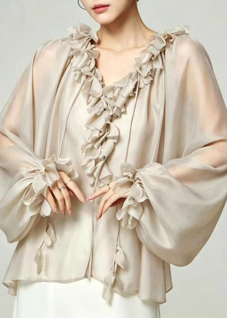 Chic Grey V Neck Petal Ruffle Oversized Top Lantern Sleeve
