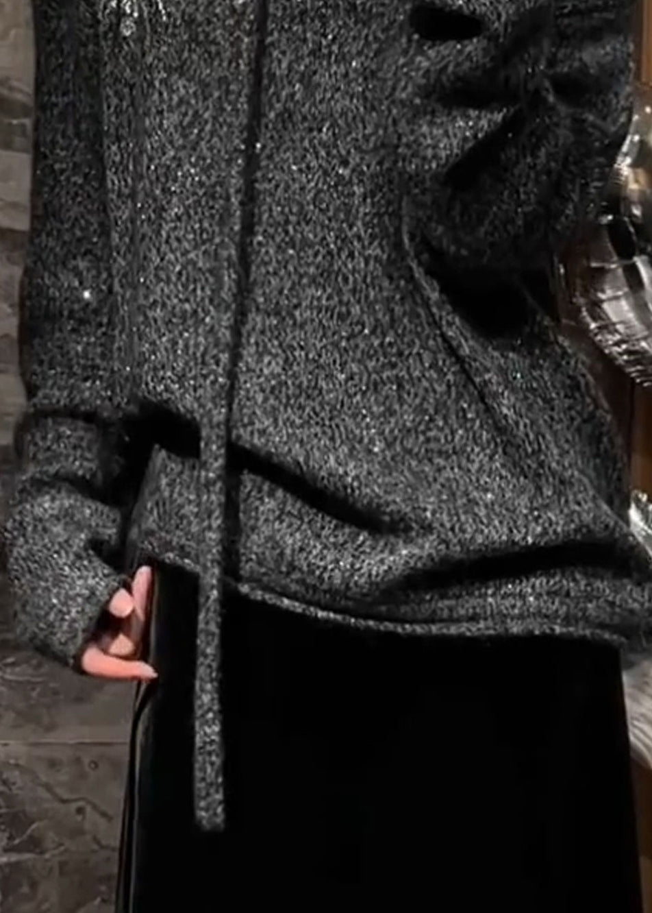 Chic Grey V Neck Sequins Cotton Knit Sweater Fall