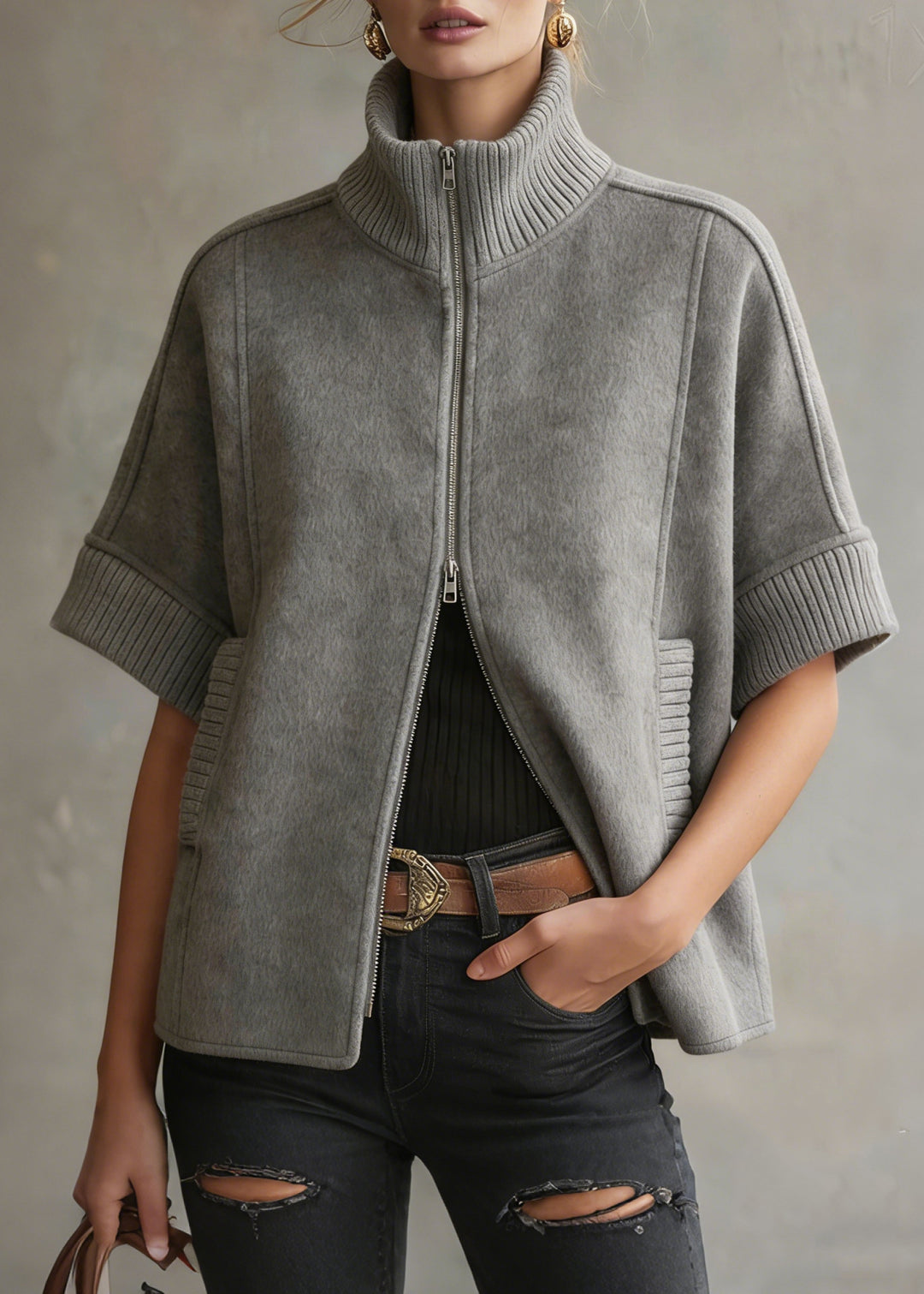 Chic Grey Zip Up Patchwork Woolen Coats Short Sleeve