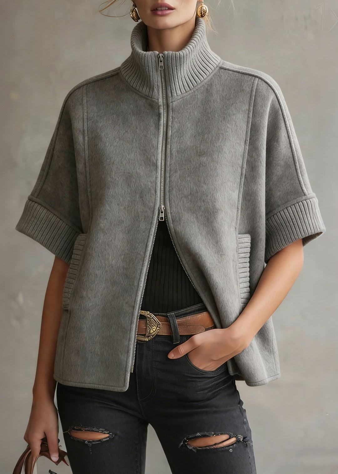 Chic Grey Zip Up Patchwork Woolen Coats Short Sleeve