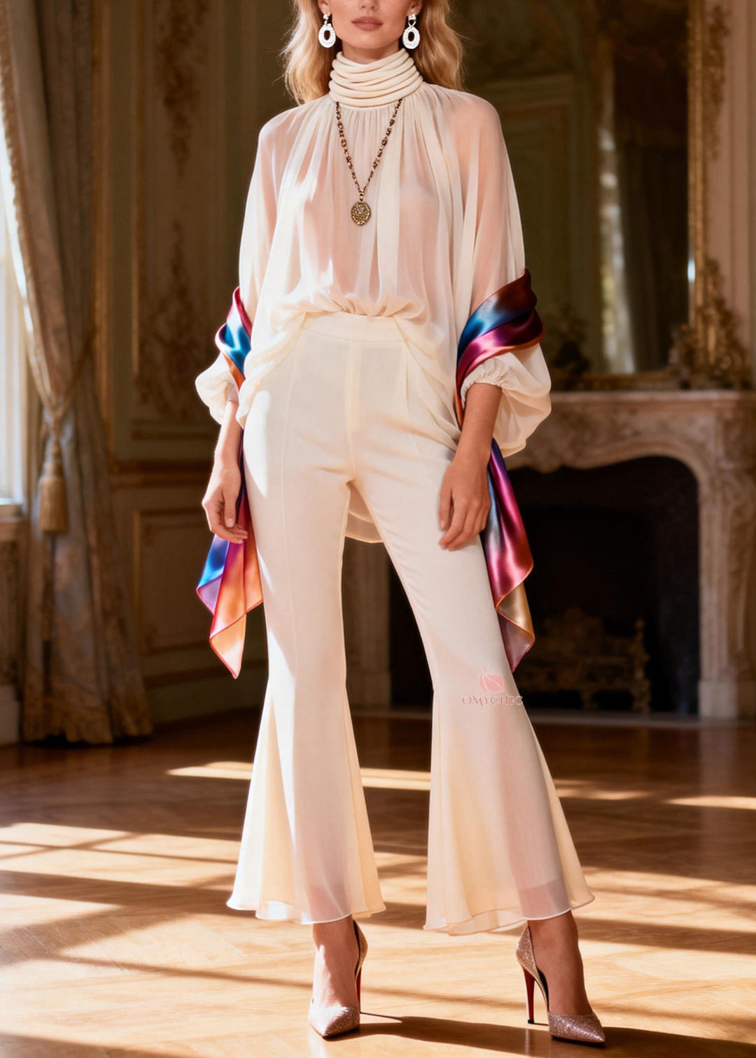 Chic Hign Neck Patchwork Silk Women Sets 2 Pieces Spring