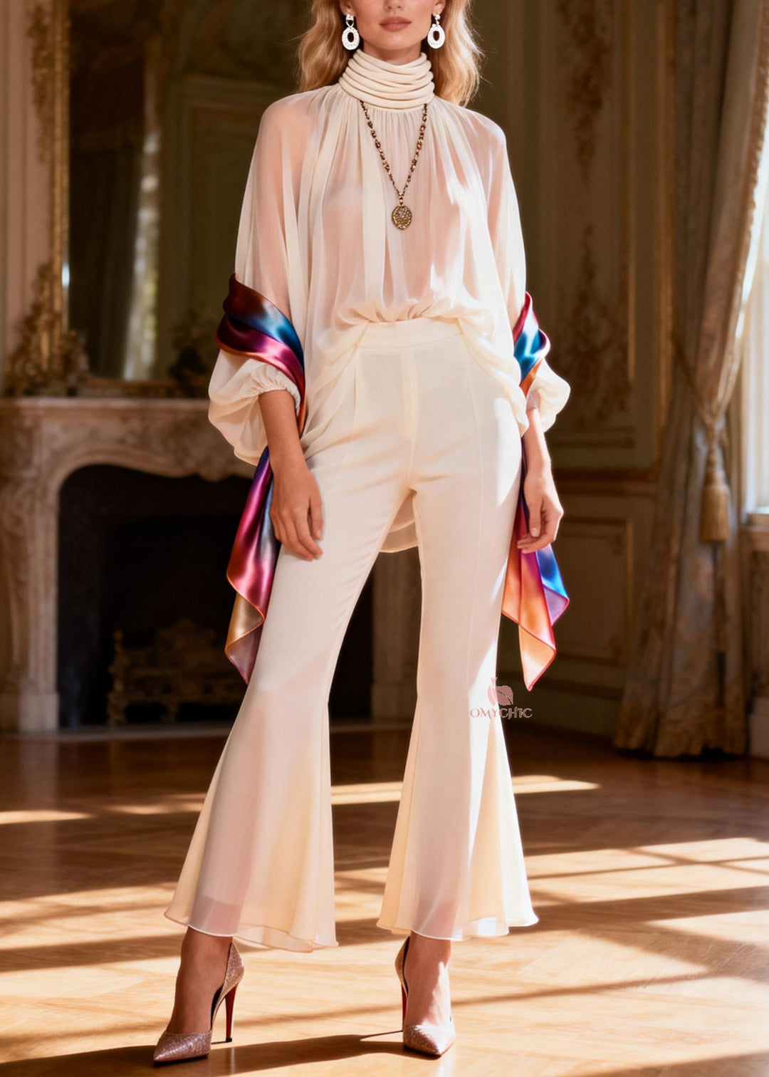 Chic Hign Neck Patchwork Silk Women Sets 2 Pieces Spring