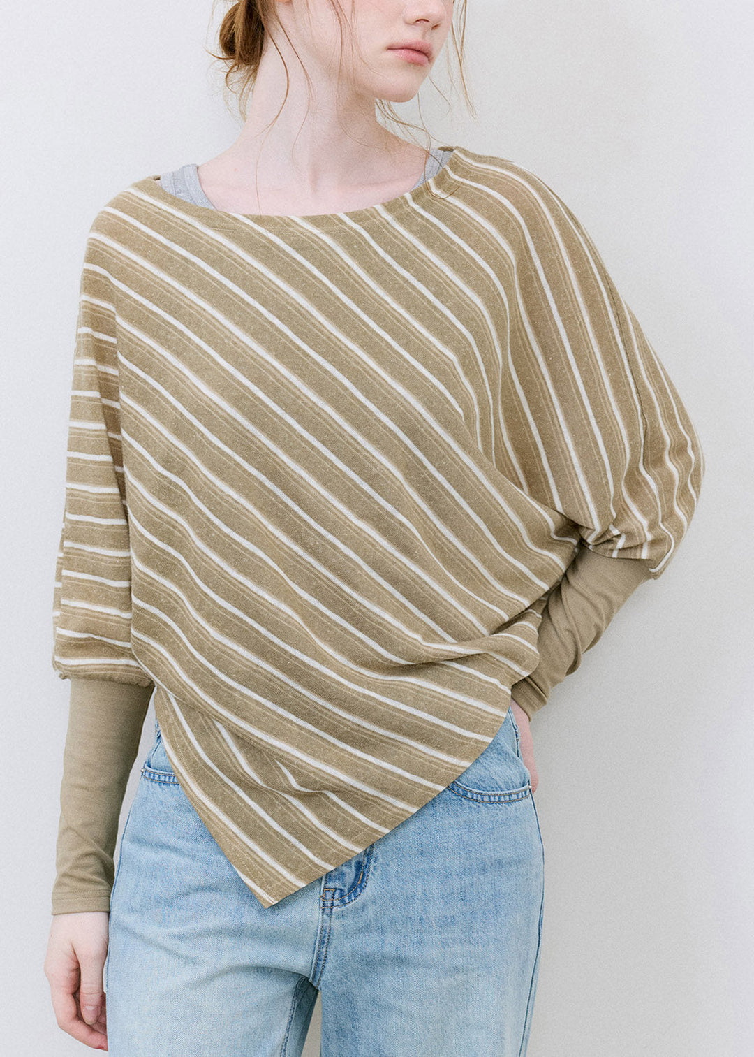 Chic Khaki Asymmetrical Striped Top Batwing Sleeve