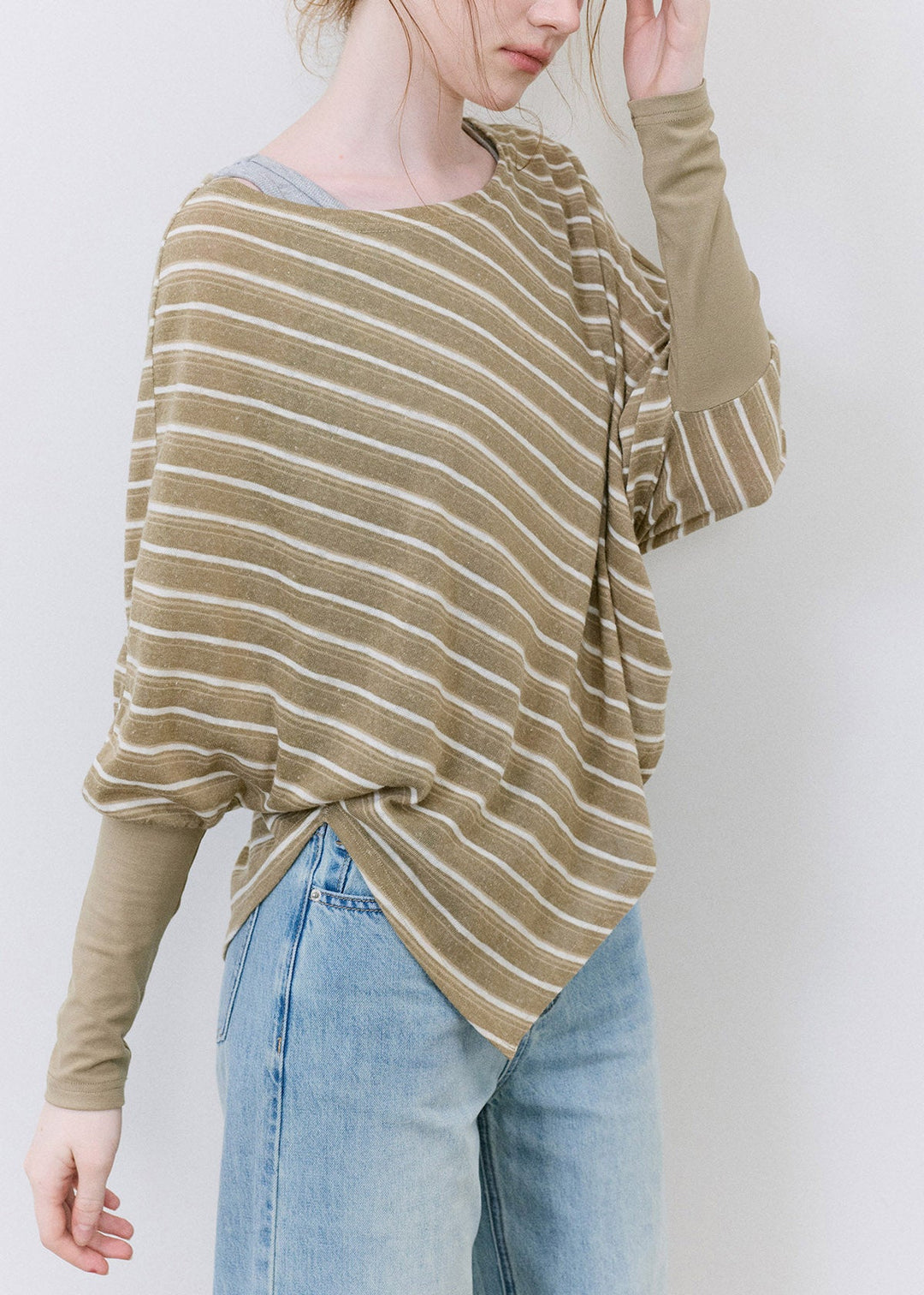 Chic Khaki Asymmetrical Striped Top Batwing Sleeve