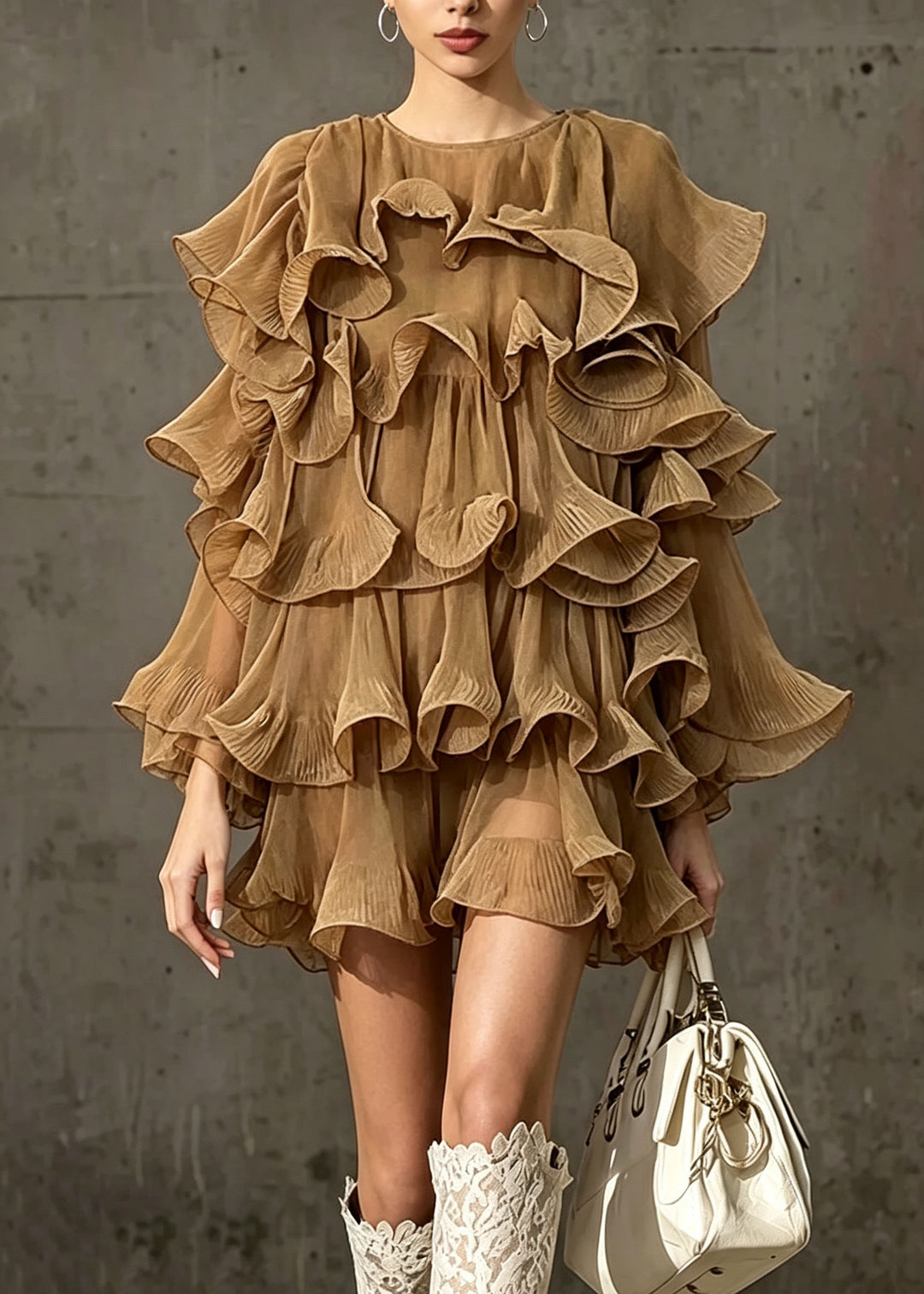 Chic Khaki O Neck Ruffled Patchwork Chiffon Dress Fall