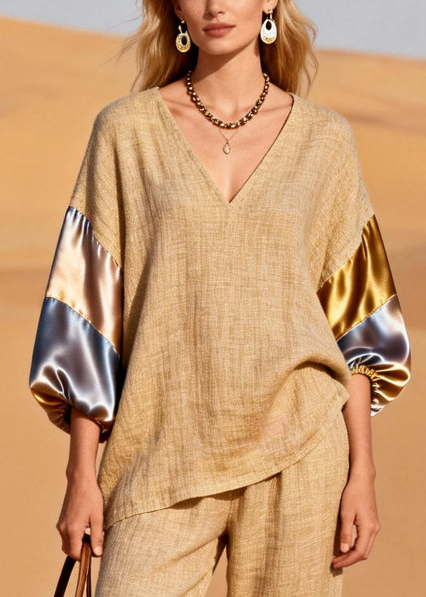 Chic Khaki Oversized Patchwork Linen Two Pieces Set Spring