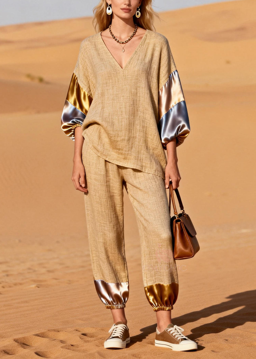 Chic Khaki Oversized Patchwork Linen Two Pieces Set Spring