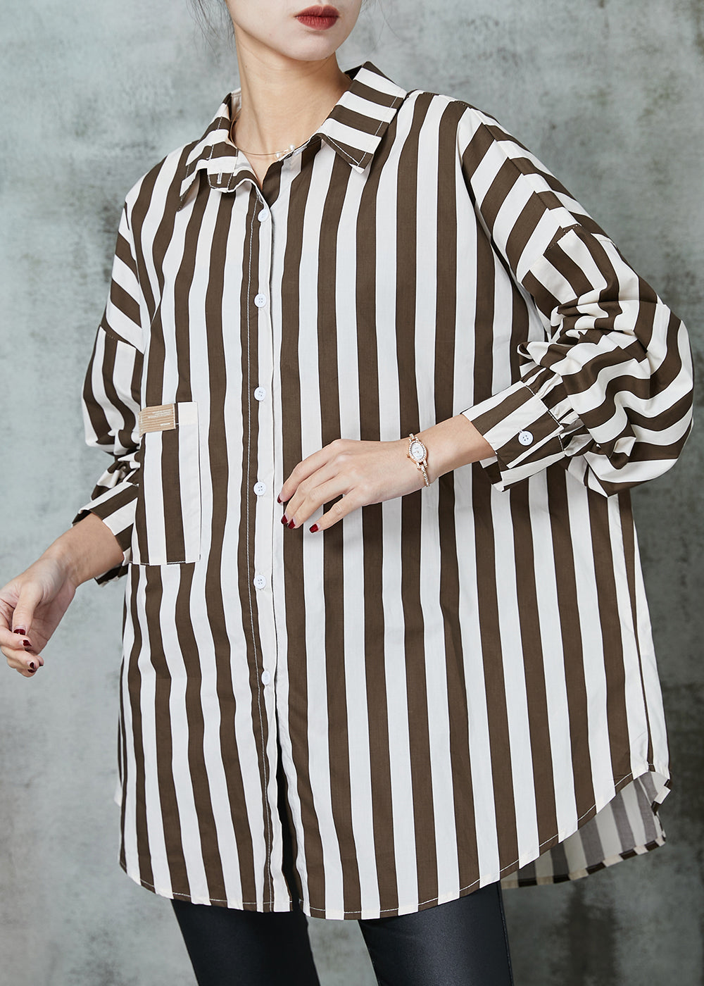 Chic Khaki Oversized Striped Cotton Shirt Tops Spring