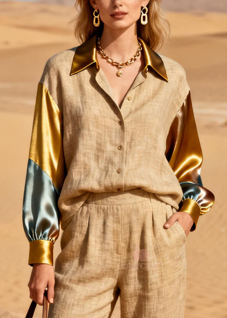 Chic Khaki Peter Pan Collar Patchwork Linen Silk Two Pieces Set Spring