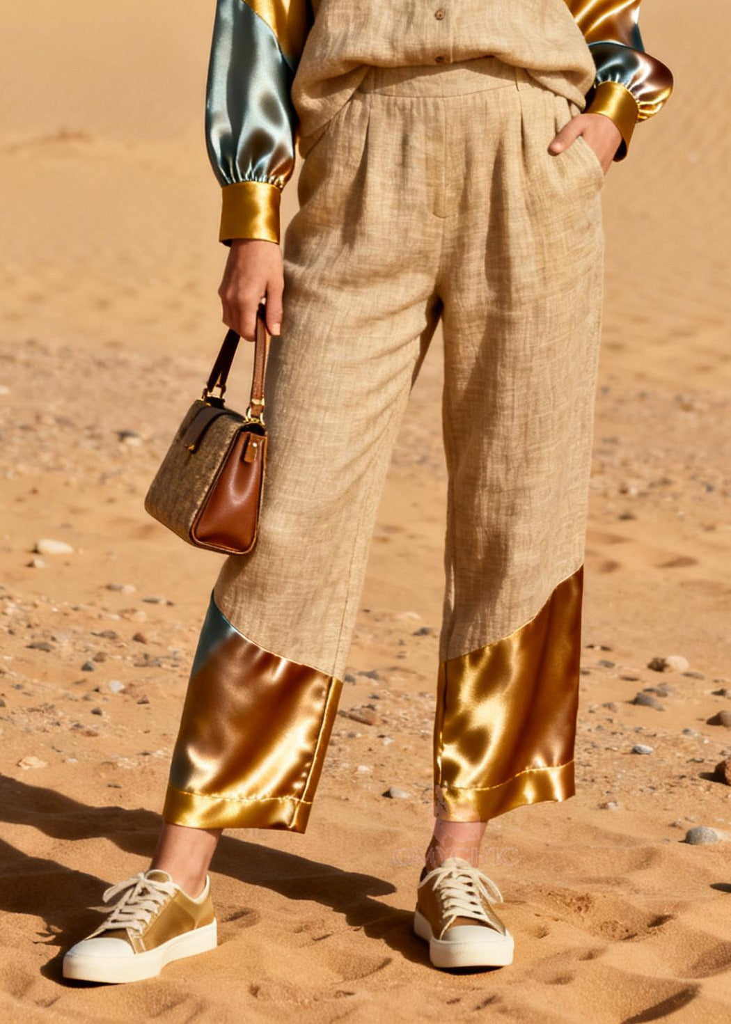 Chic Khaki Peter Pan Collar Patchwork Linen Silk Two Pieces Set Spring