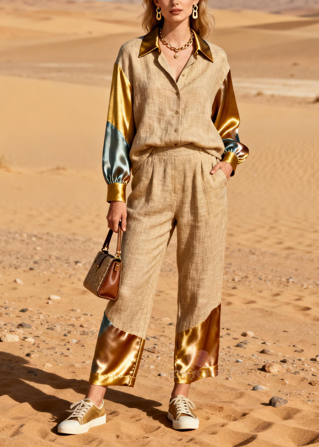 Chic Khaki Peter Pan Collar Patchwork Linen Silk Two Pieces Set Spring