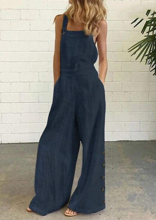Chic Khaki Pockets Button Patchwork Cotton Jumpsuit Summer