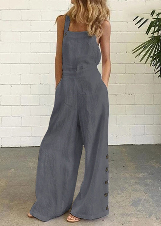 Chic Khaki Pockets Button Patchwork Cotton Jumpsuit Summer