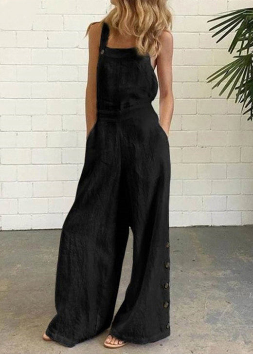 Chic Khaki Pockets Button Patchwork Cotton Jumpsuit Summer