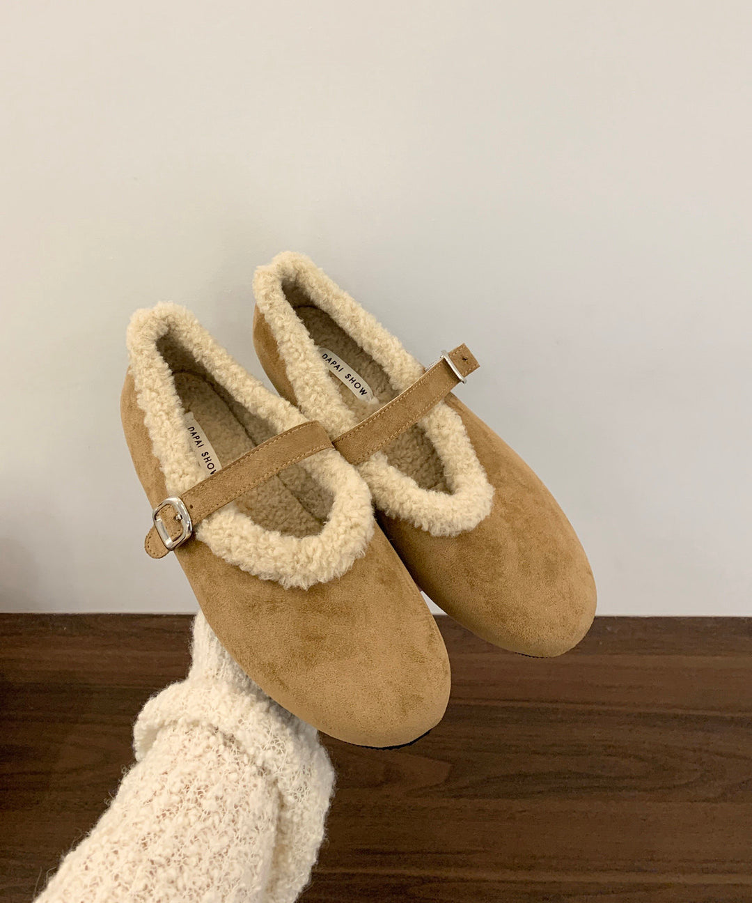 Chic Khaki Round Toe Buckle Strap Fleece Lined Faux Suede Flat Shoes