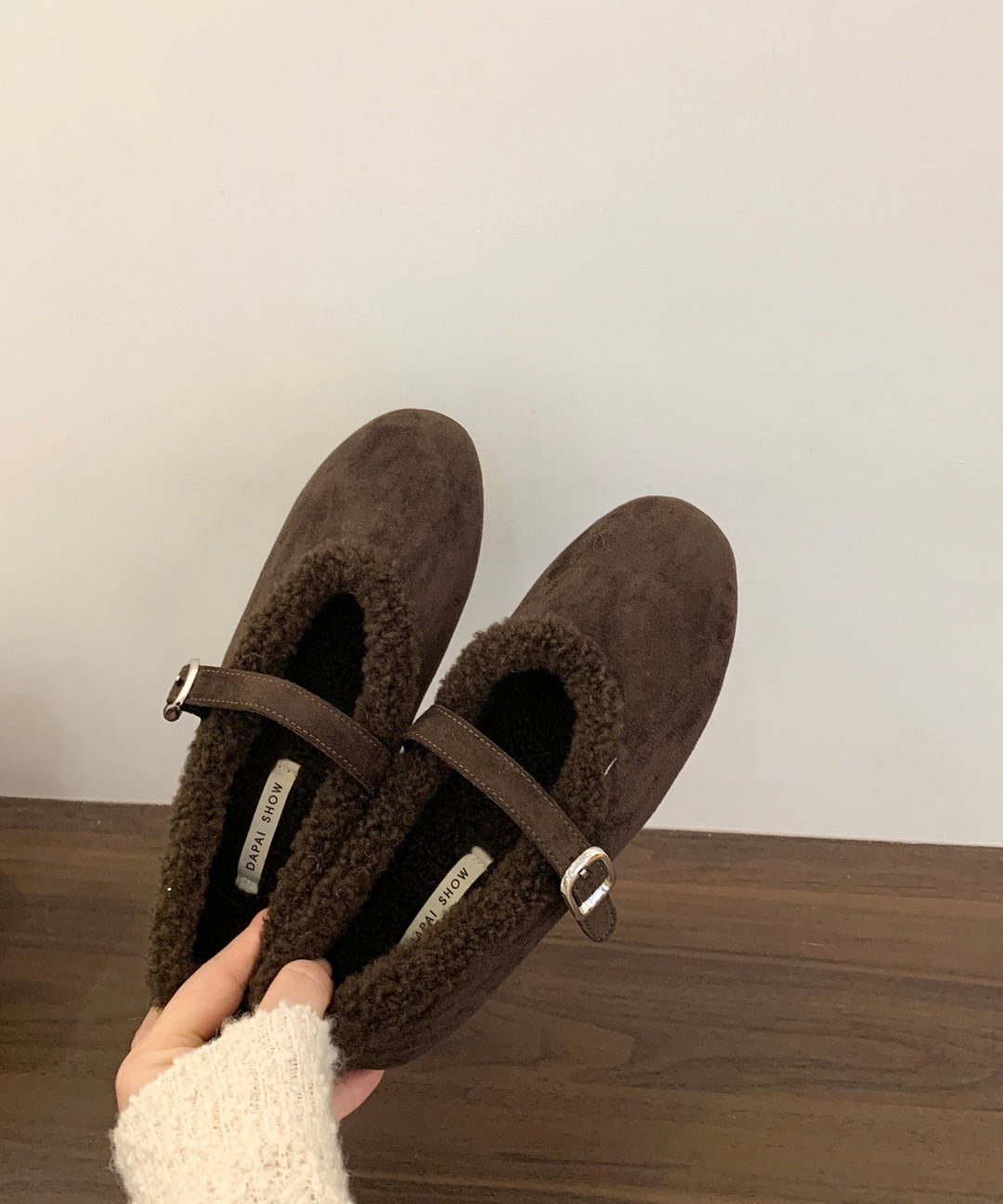 Chic Khaki Round Toe Buckle Strap Fleece Lined Faux Suede Flat Shoes