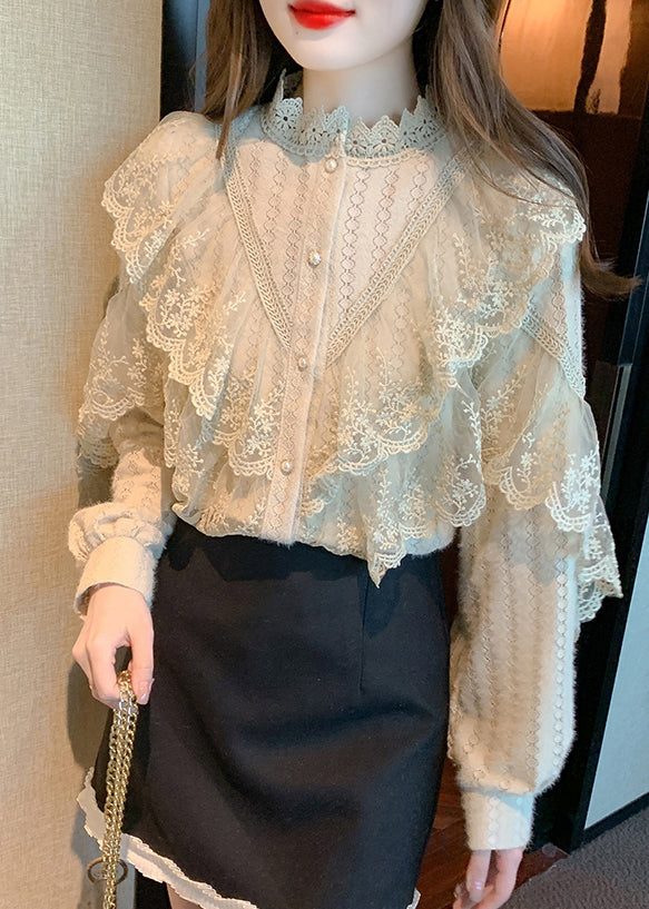 Chic Khaki Stand Collar Patchwork Lace Shirts Fall