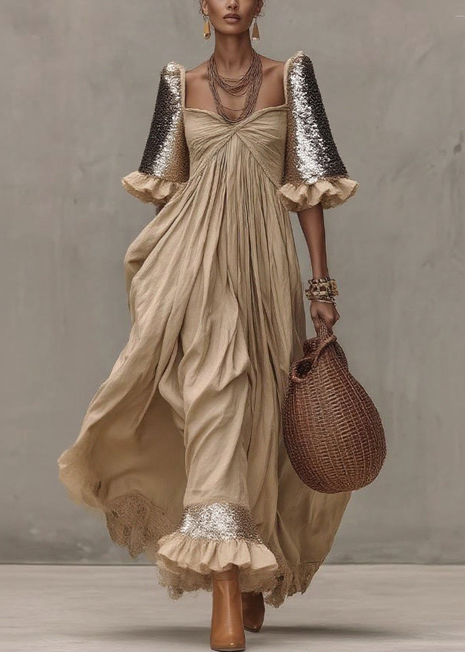 Chic Khaki Wrinkled Patchwork Maxi Dresses Short Sleeve - Omychic