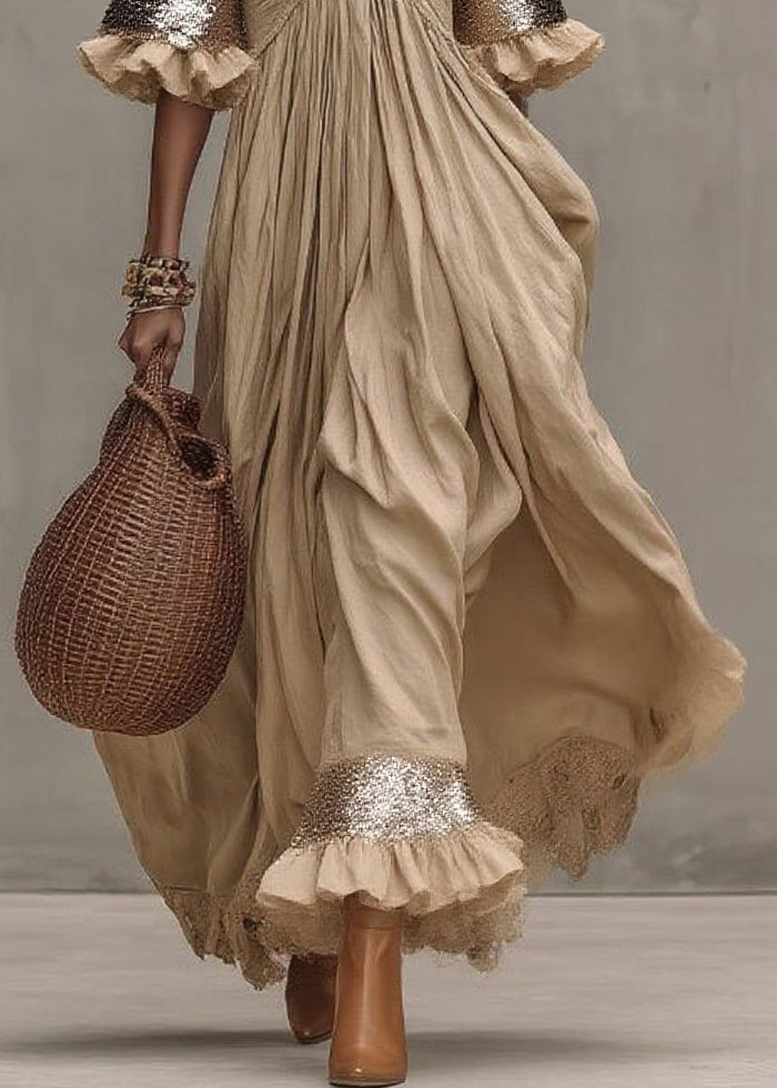 Chic Khaki Wrinkled Patchwork Maxi Dresses Short Sleeve - Omychic