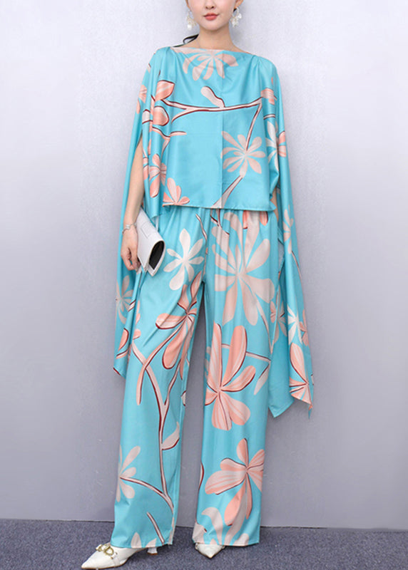 Chic Lake Blue Asymmetrical Print Top And Wide Leg Pants Two Piece Set Fall