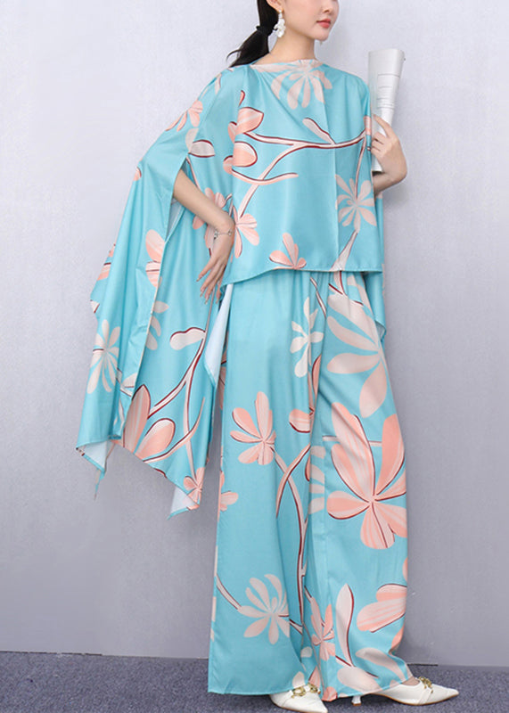 Chic Lake Blue Asymmetrical Print Top And Wide Leg Pants Two Piece Set Fall