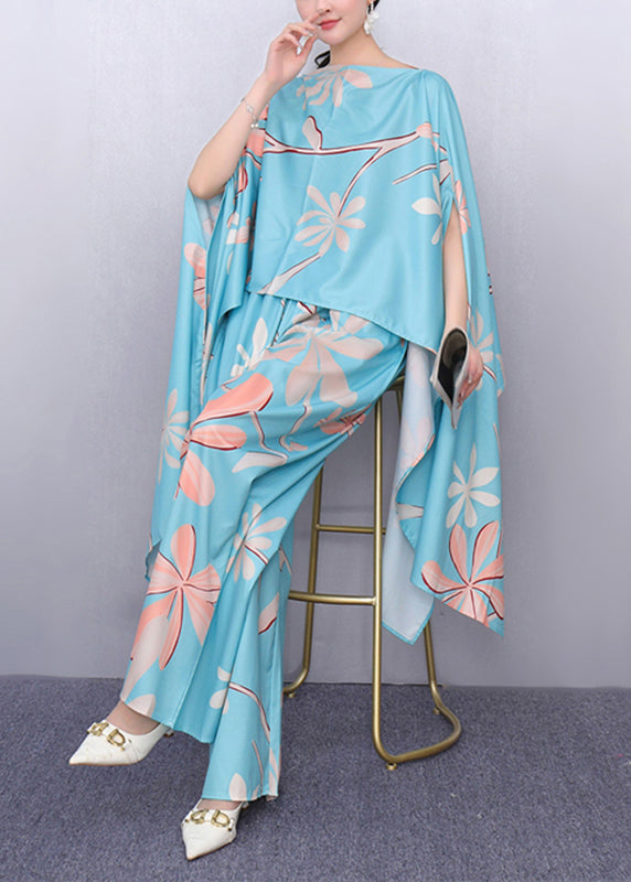 Chic Lake Blue Asymmetrical Print Top And Wide Leg Pants Two Piece Set Fall