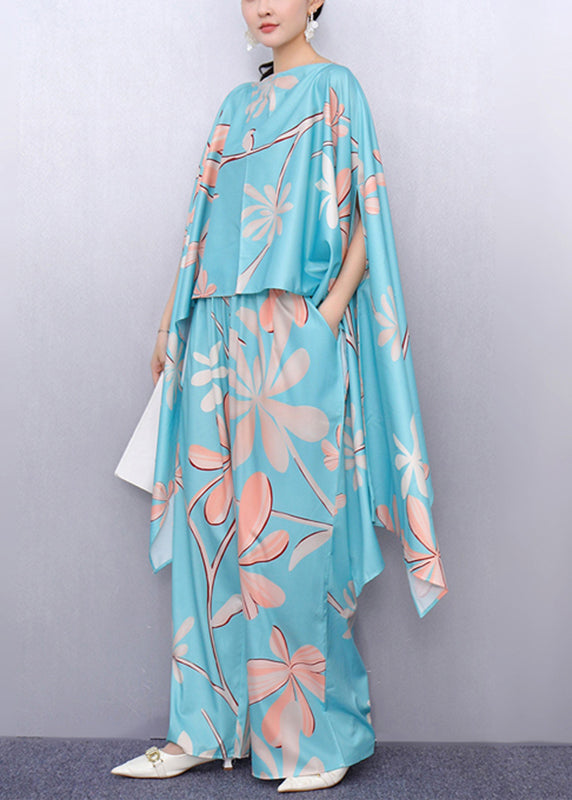 Chic Lake Blue Asymmetrical Print Top And Wide Leg Pants Two Piece Set Fall