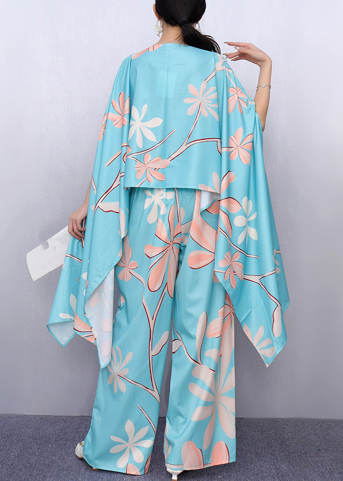 Chic Lake Blue Asymmetrical Print Top And Wide Leg Pants Two Piece Set Fall