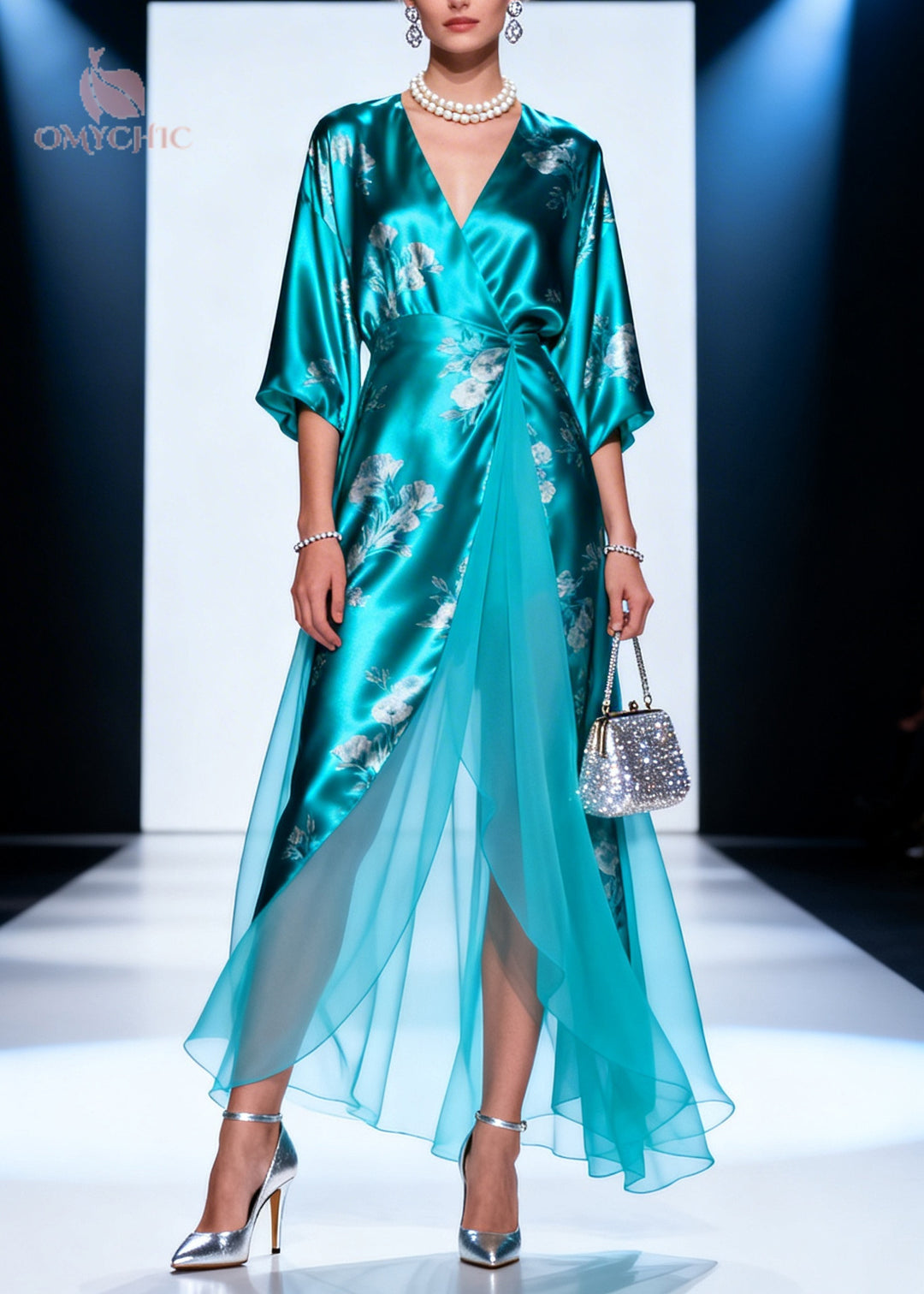 Chic Lake Blue Print Tulle Patchwork Silk Long Dresses Summer