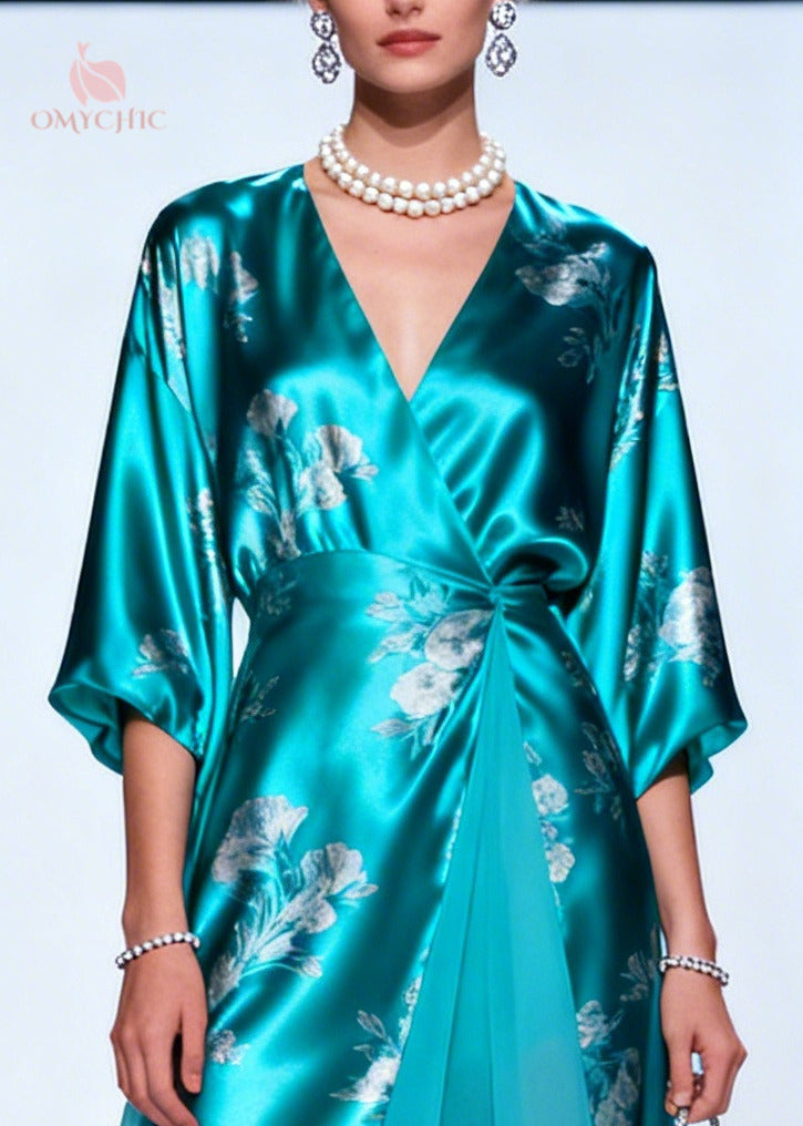 Chic Lake Blue Print Tulle Patchwork Silk Long Dresses Summer