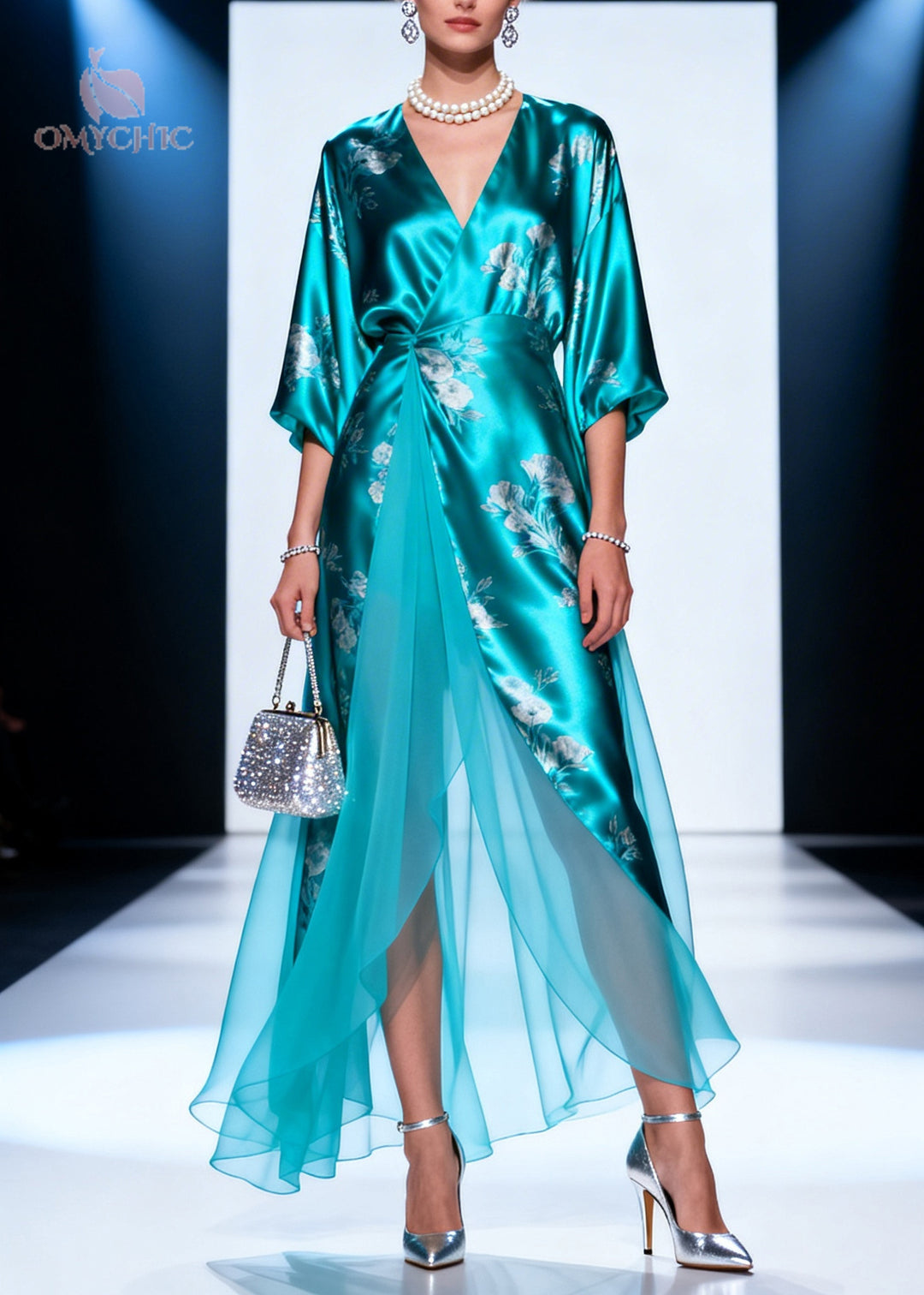 Chic Lake Blue Print Tulle Patchwork Silk Long Dresses Summer
