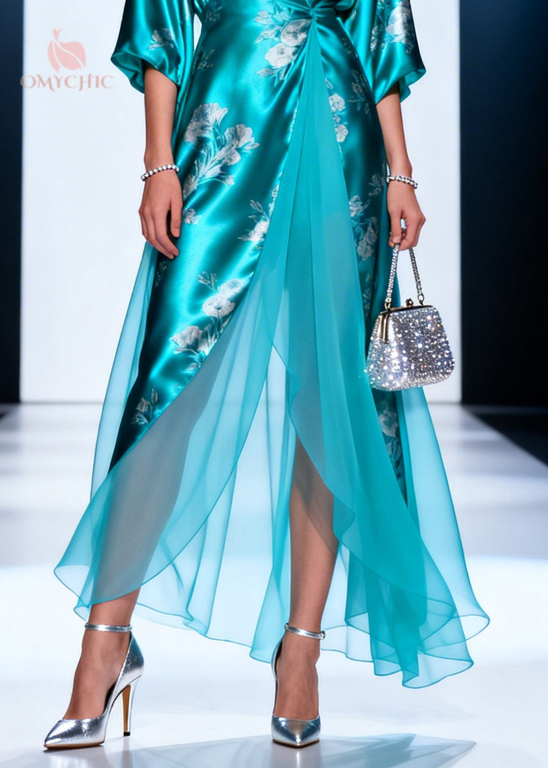 Chic Lake Blue Print Tulle Patchwork Silk Long Dresses Summer
