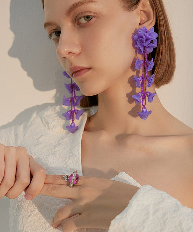 Chic Lavender Flower Tasseled Drop Earrings - Omychic
