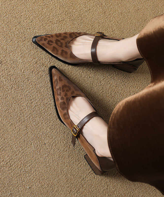 Chic Leopard Brown Cowhide Leather Splicing Chunky High Heels