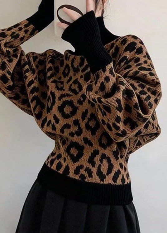 Chic Leopard Hign Neck Puff Sleeve Knitted Sweaters Tops