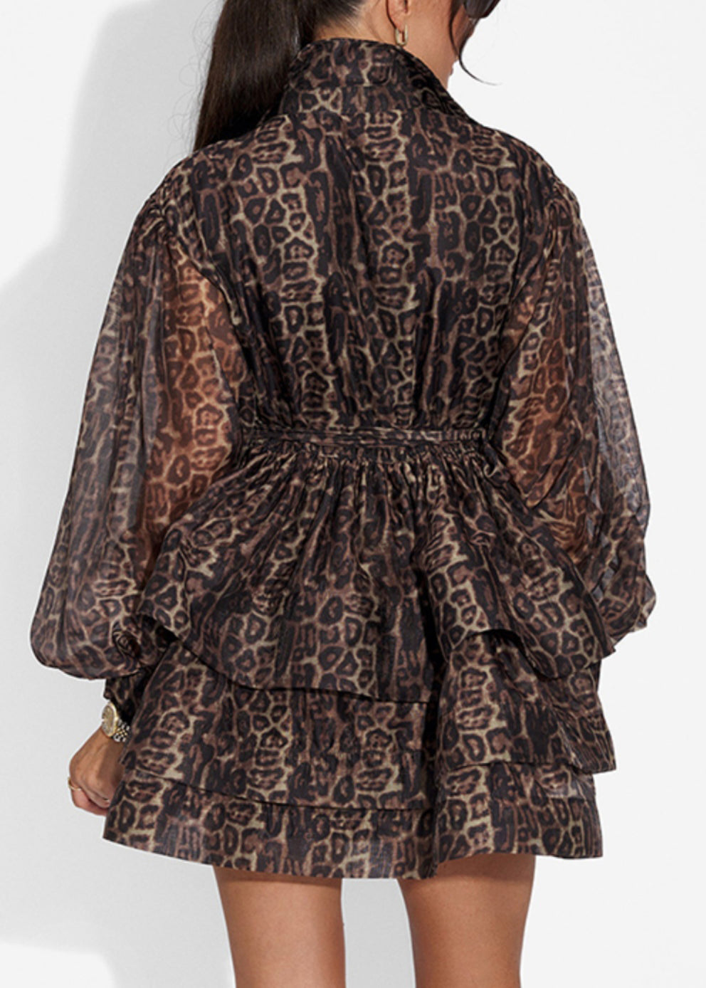 Chic Leopard Peter Pan Collar Tie Waist Chiffon Shirt Dresses Spring