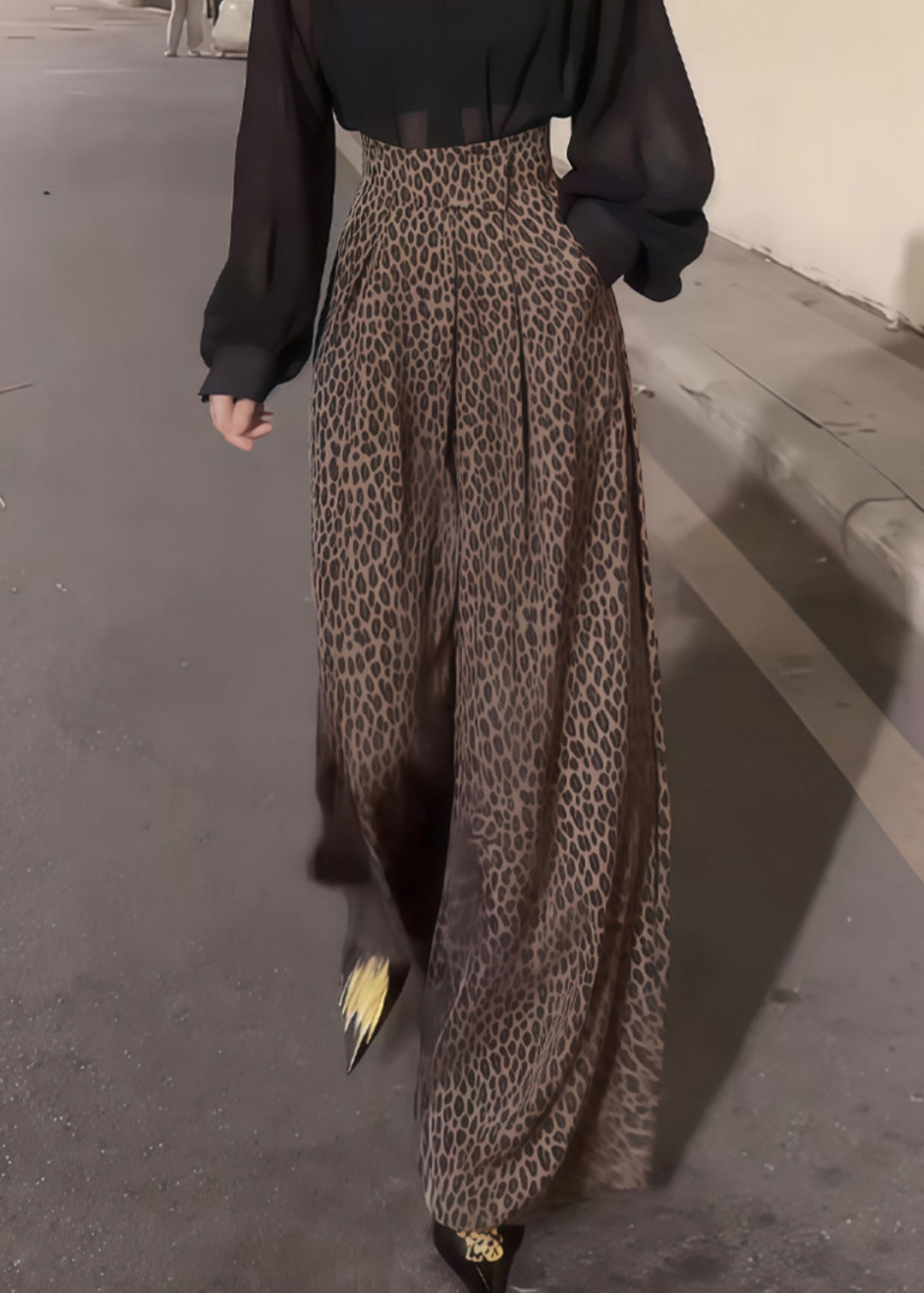 Chic Leopard Pockets High Waist Cotton Wide Leg Pants Fall