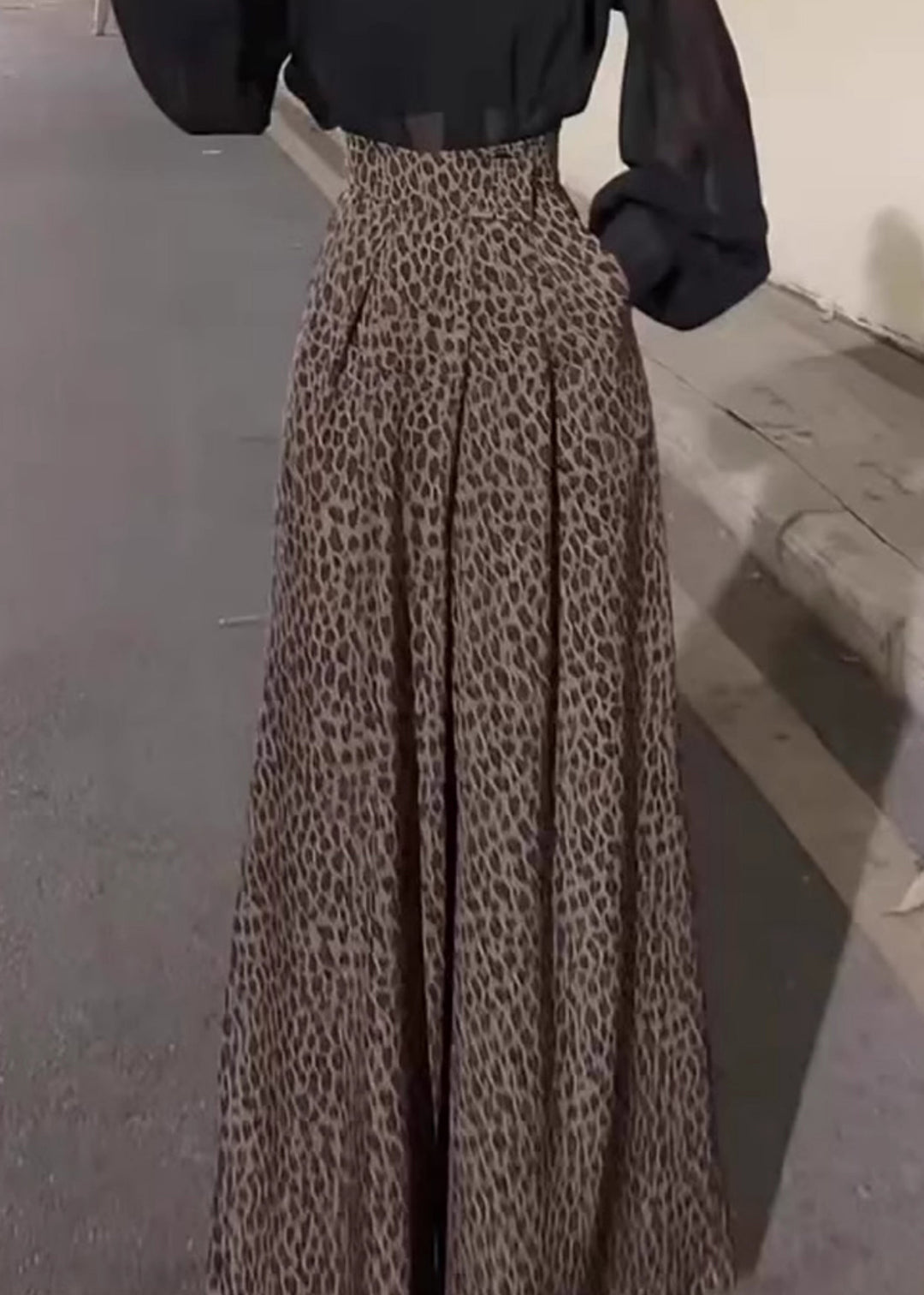 Chic Leopard Pockets High Waist Cotton Wide Leg Pants Fall