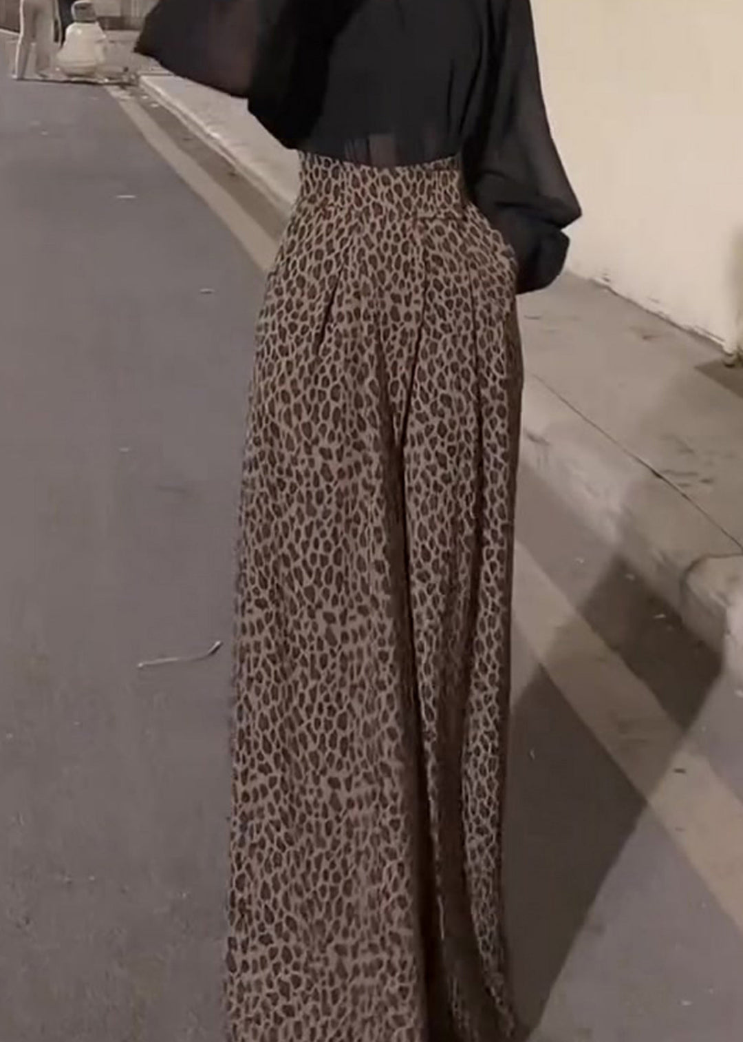 Chic Leopard Pockets High Waist Cotton Wide Leg Pants Fall
