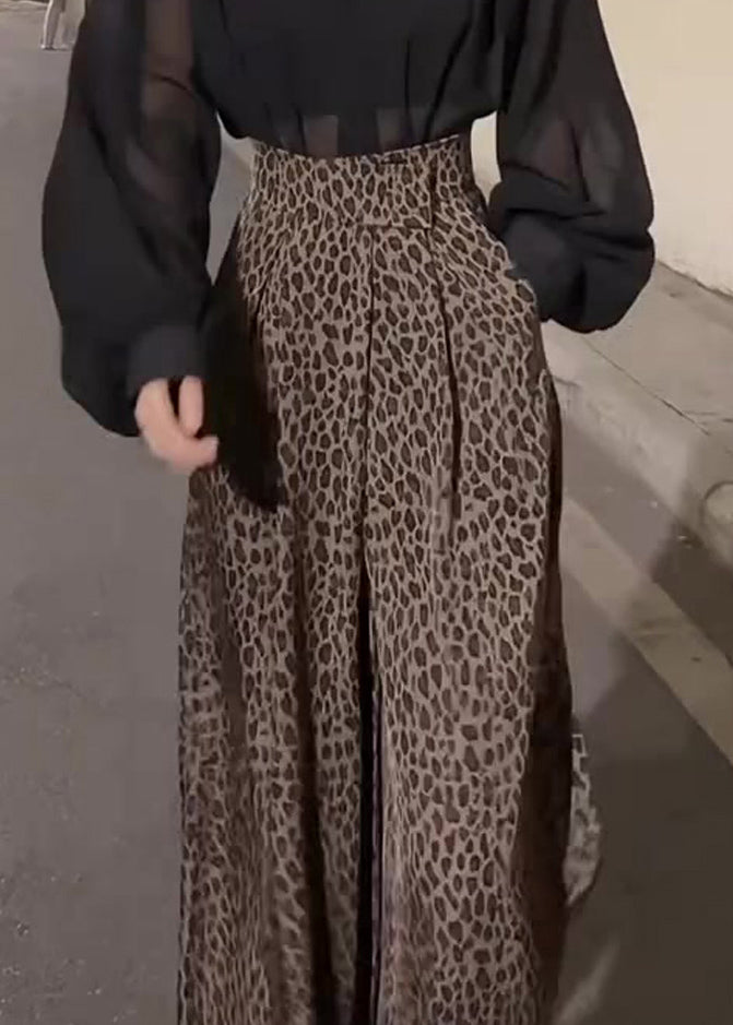 Chic Leopard Pockets High Waist Cotton Wide Leg Pants Fall