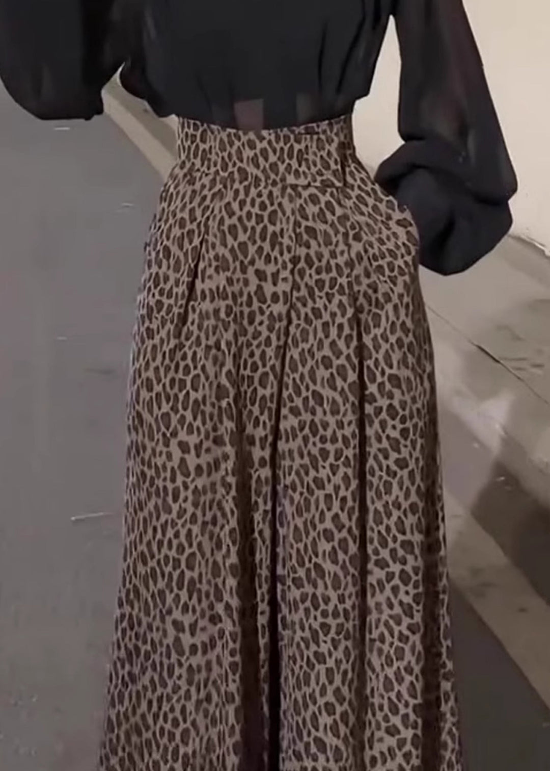 Chic Leopard Pockets High Waist Cotton Wide Leg Pants Fall