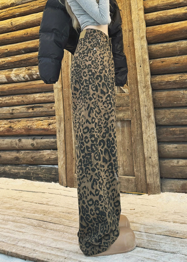 Chic Leopard Pockets High Waist Warm Fleece Wide Leg Pants