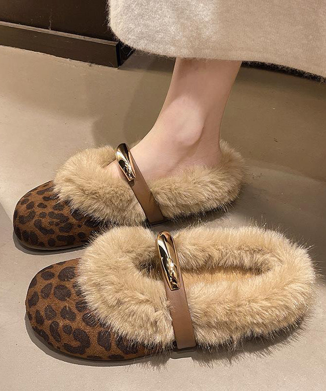 Chic Leopard Slippers Shoes Splicing Fuzzy Wool Lined
