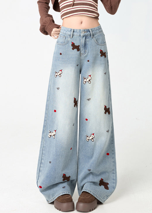 Chic Light Blue Little Dogs Embroidered High Waist Warm Fleece Jeans Spring