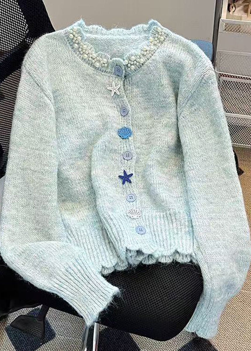 Chic Light Blue O-Neck Nail Bead Knit Cardigan Fall