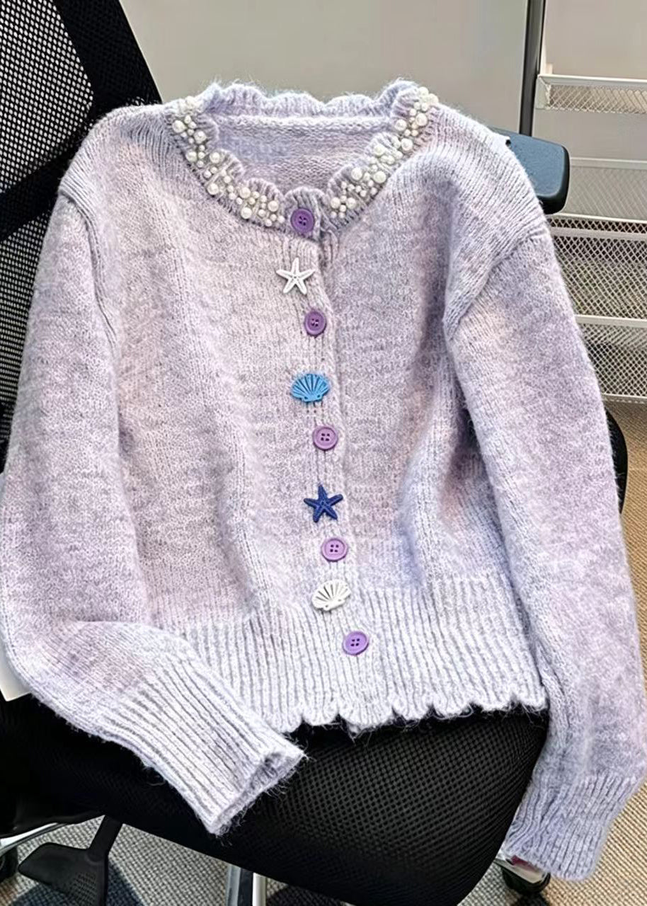 Chic Light Blue O-Neck Nail Bead Knit Cardigan Fall