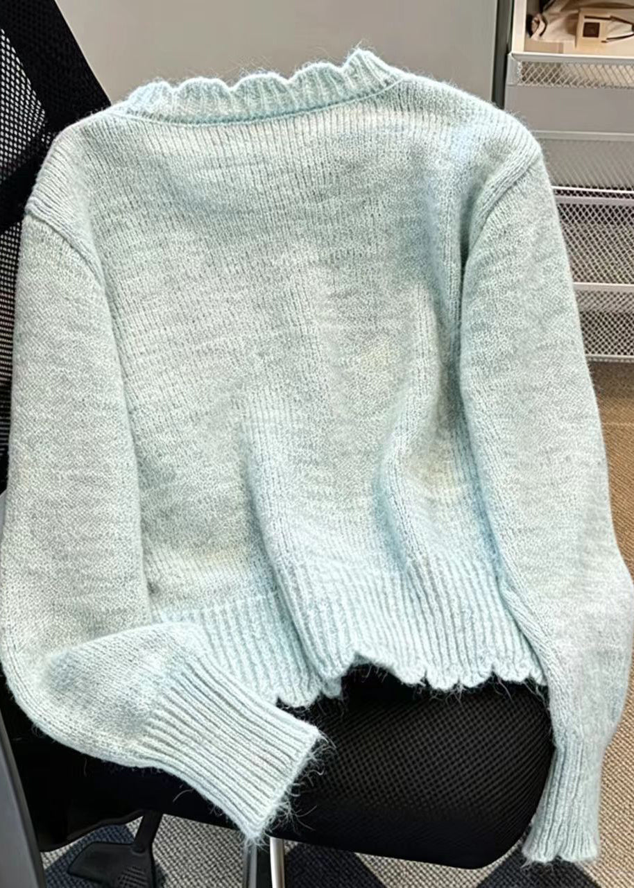 Chic Light Blue O-Neck Nail Bead Knit Cardigan Fall