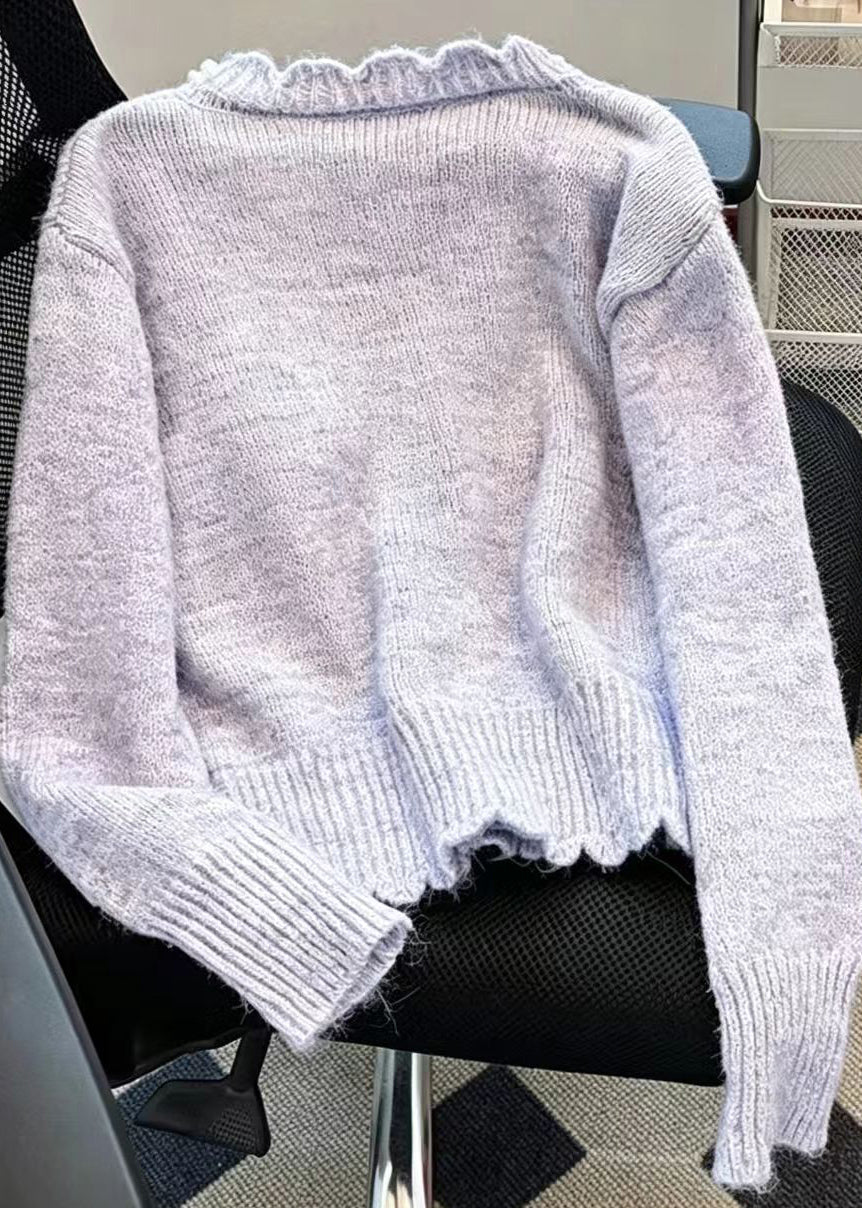 Chic Light Blue O-Neck Nail Bead Knit Cardigan Fall