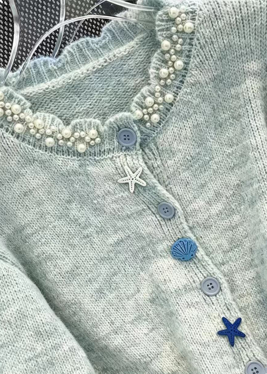 Chic Light Blue O-Neck Nail Bead Knit Cardigan Fall