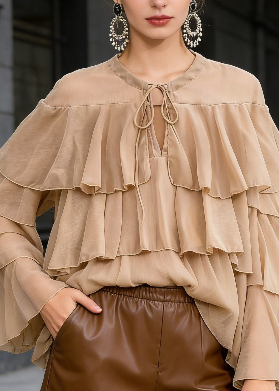 Chic Light Brown O Neck Ruffled Patchwork Chiffon Blouses Spring - Omychic